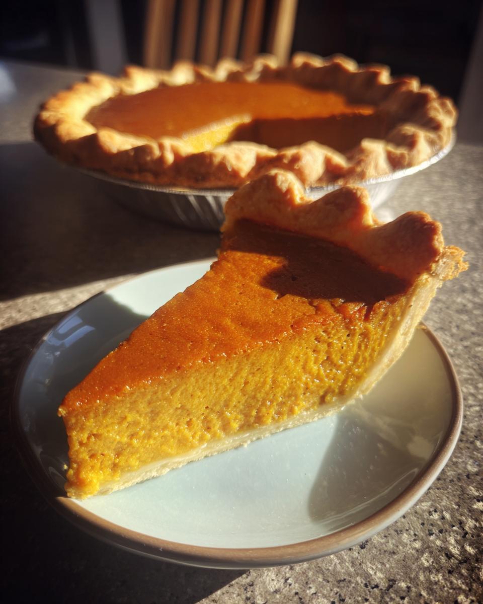 A delicious slice of homemade pumpkin pie, a perfect thanksgiving dessert, sits on a plate next to the whole pie.