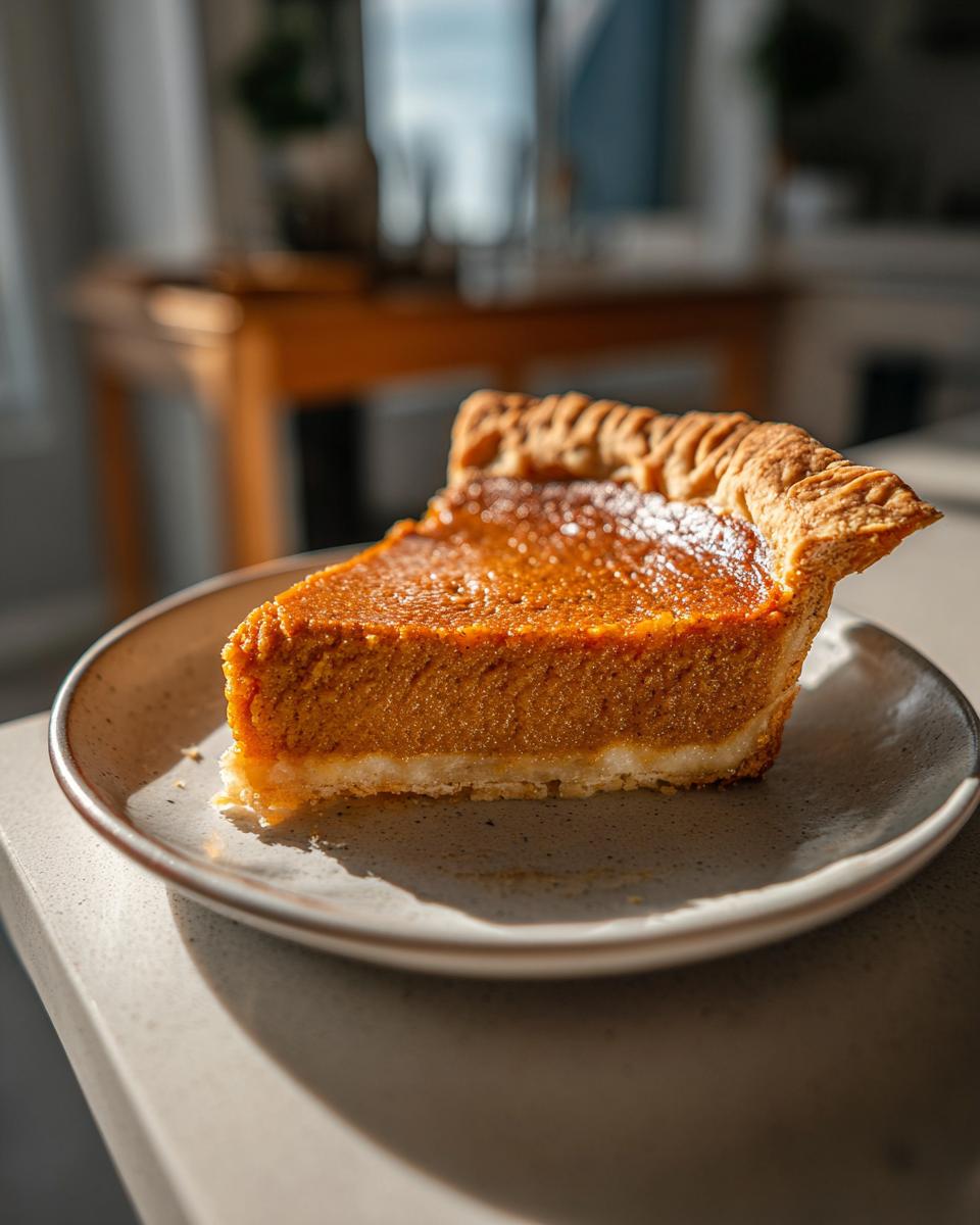 A perfect slice of classic pumpkin pie, a traditional Thanksgiving dessert, on a speckled plate.