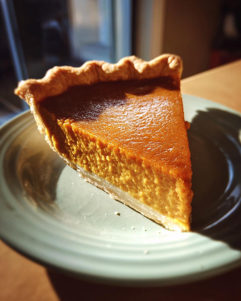 A perfect slice of pumpkin pie, a classic thanksgiving dessert, on a light green plate.