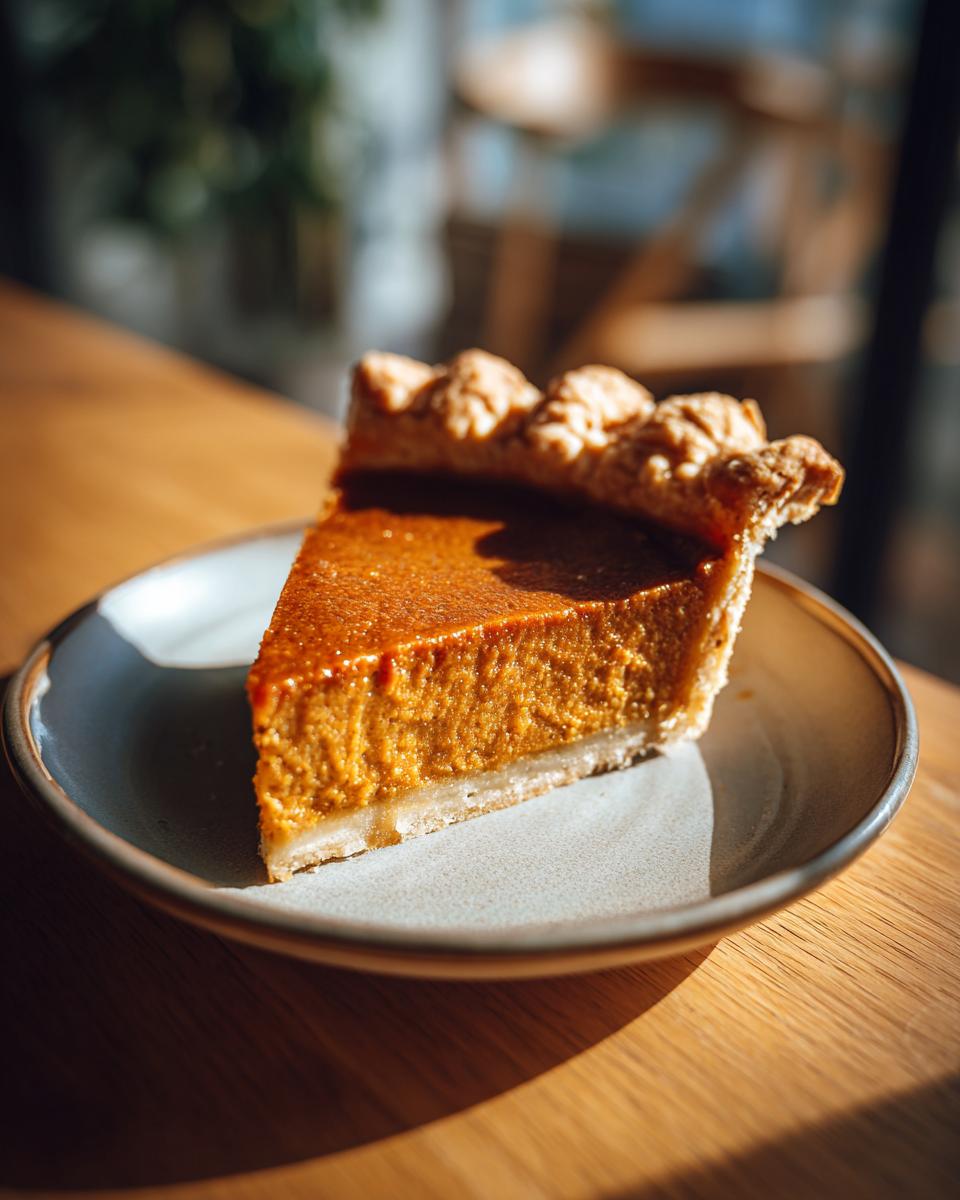 A delicious slice of pumpkin pie, a perfect thanksgiving dessert, on a rustic plate.