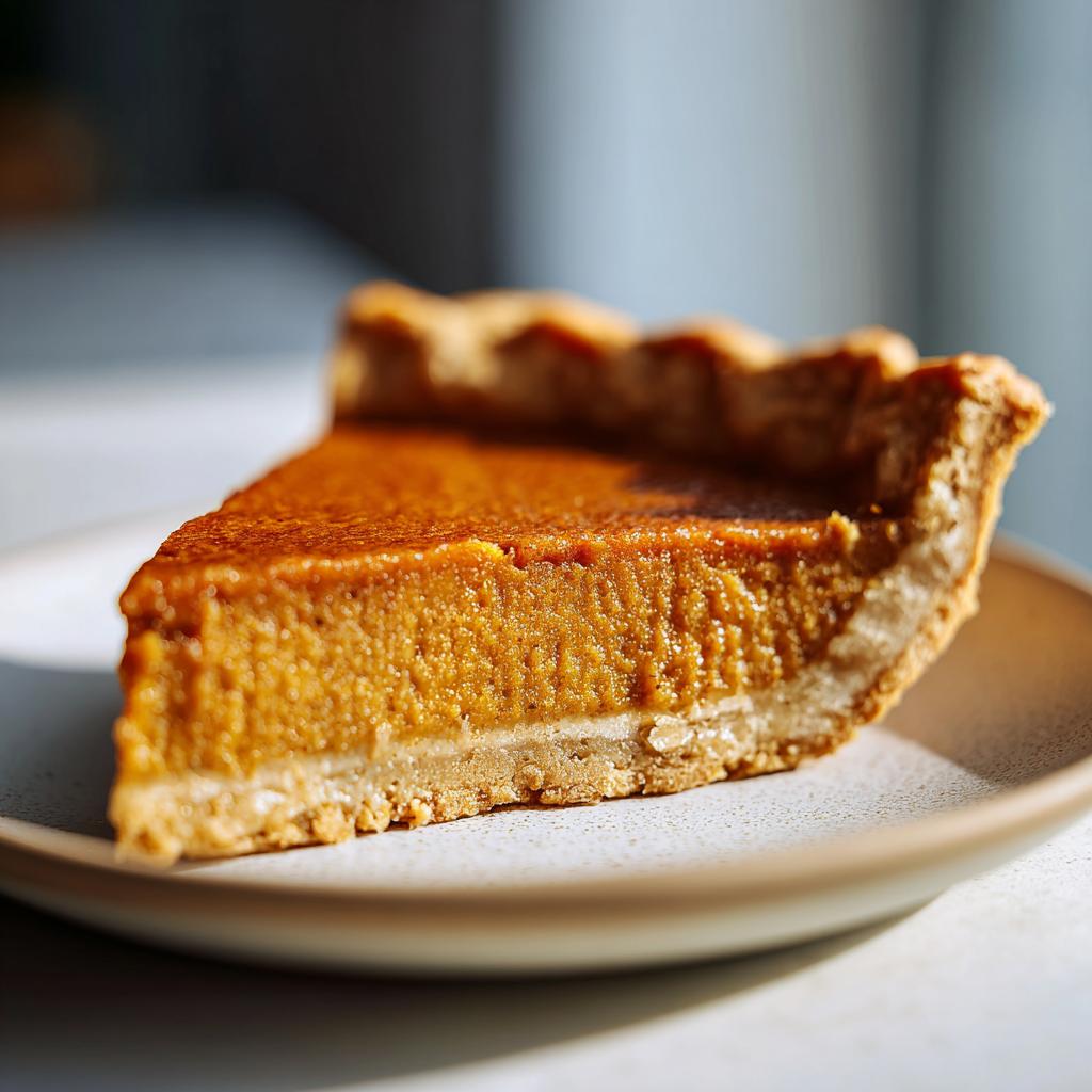 A close-up of a perfectly baked slice of pumpkin pie, a classic Thanksgiving dessert, on a plate.
