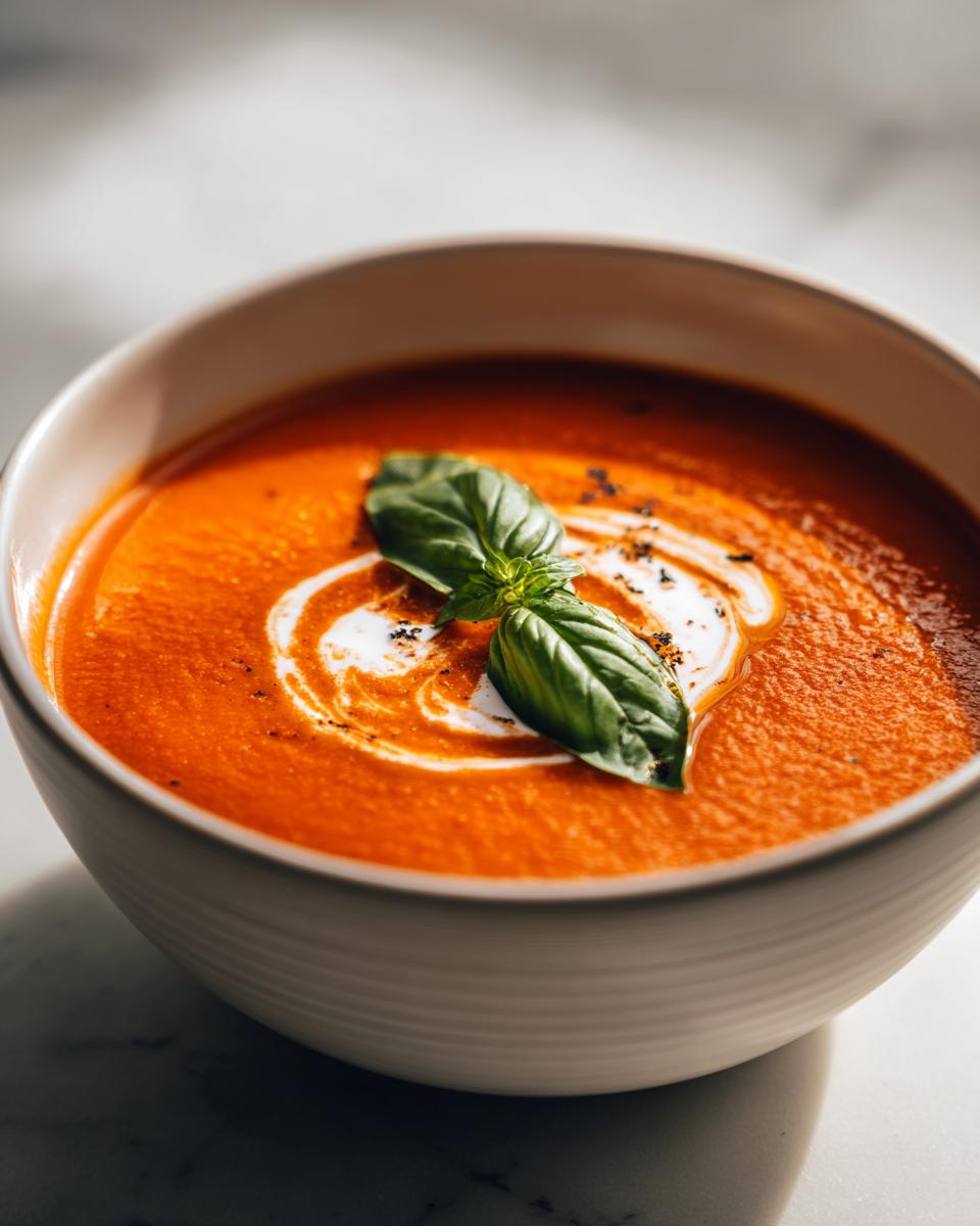 A close-up of a bowl of creamy tomato soup, garnished with a swirl of cream, fresh basil, and cracked black pepper. Perfect for soup recipes.