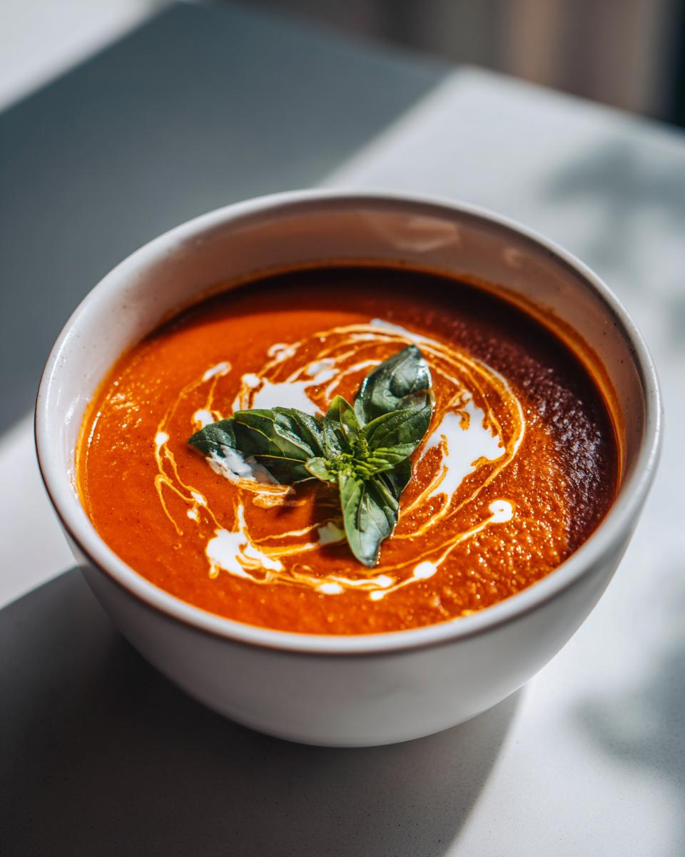 A close-up of a bowl of hearty tomato soup, swirled with cream and garnished with fresh basil. Perfect for soup recipes.