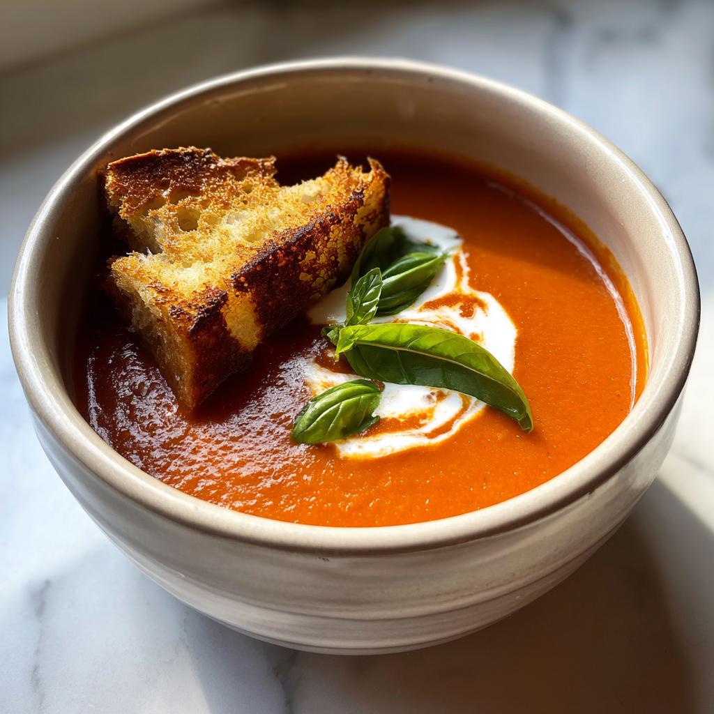 A bowl of rich tomato soup topped with cream, fresh basil, and a piece of toasted bread. A perfect example of easy soup recipes.