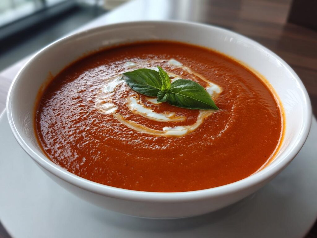 A bowl of rich, creamy tomato soup topped with a swirl of cream and fresh basil, perfect for soup recipes.