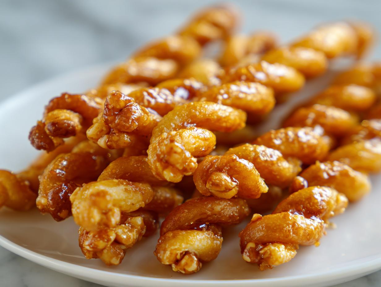 Close-up of golden, twisted dough snacks coated in a shiny glaze, perfect for new years snacks.