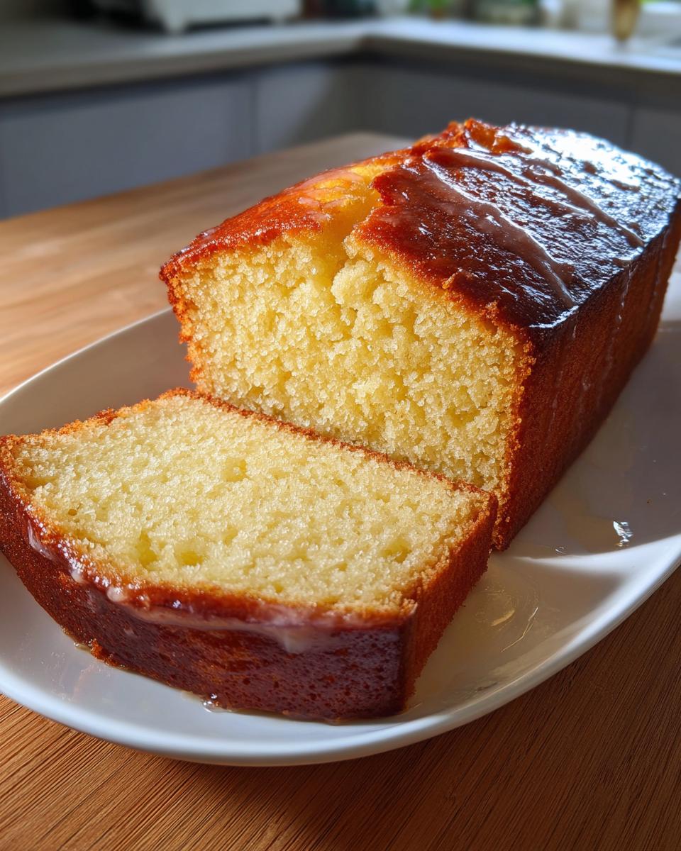 A close-up of a moist vanilla cake with a shiny glaze, sliced to reveal its tender crumb. Perfect for cake ideas.