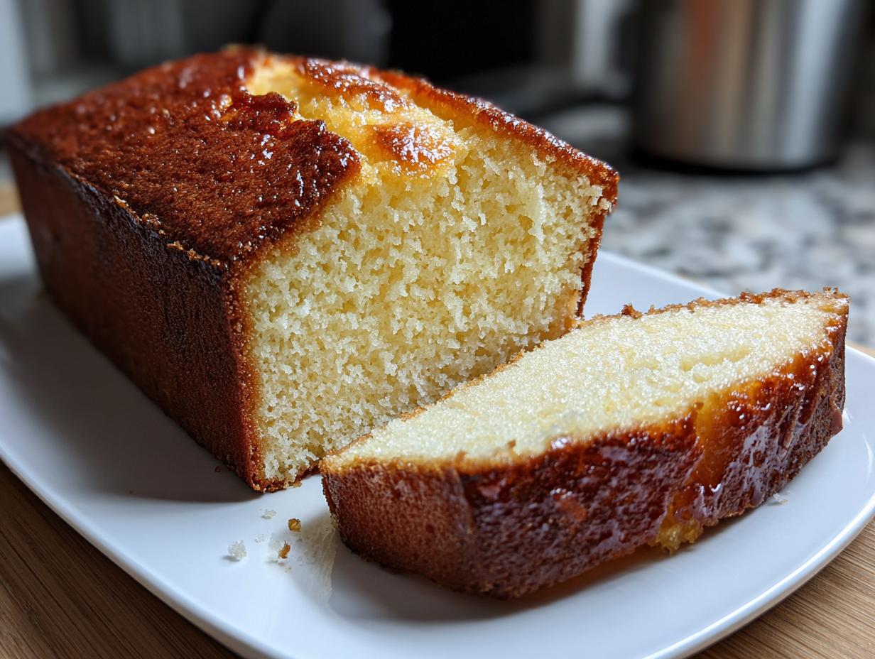 Close-up of a sliced vanilla cake loaf, showcasing its moist crumb and glossy glaze. One of the best cake ideas.