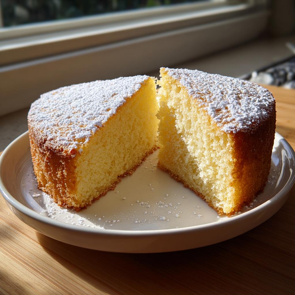 A simple vanilla cake, dusted with powdered sugar, cut in half and served on a plate.