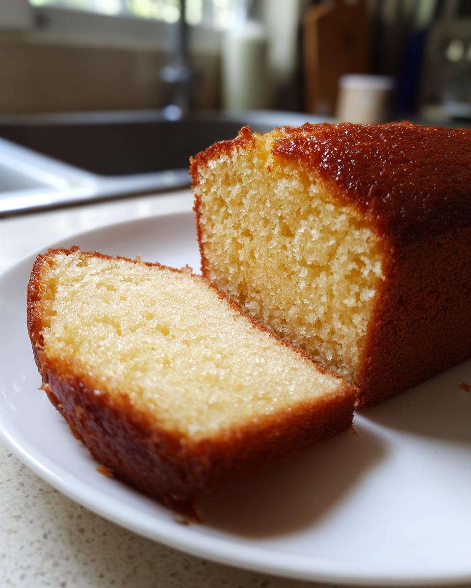 A slice of moist vanilla cake with a golden-brown crust, perfect for cake recipes.