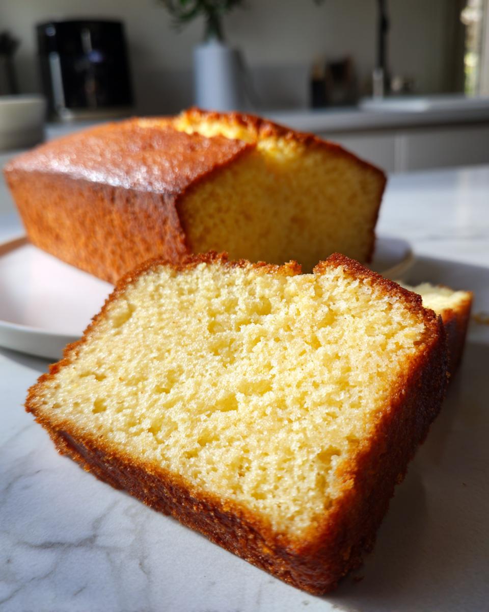 Close-up of a slice of moist vanilla cake from a loaf, showcasing its tender crumb and golden-brown crust.