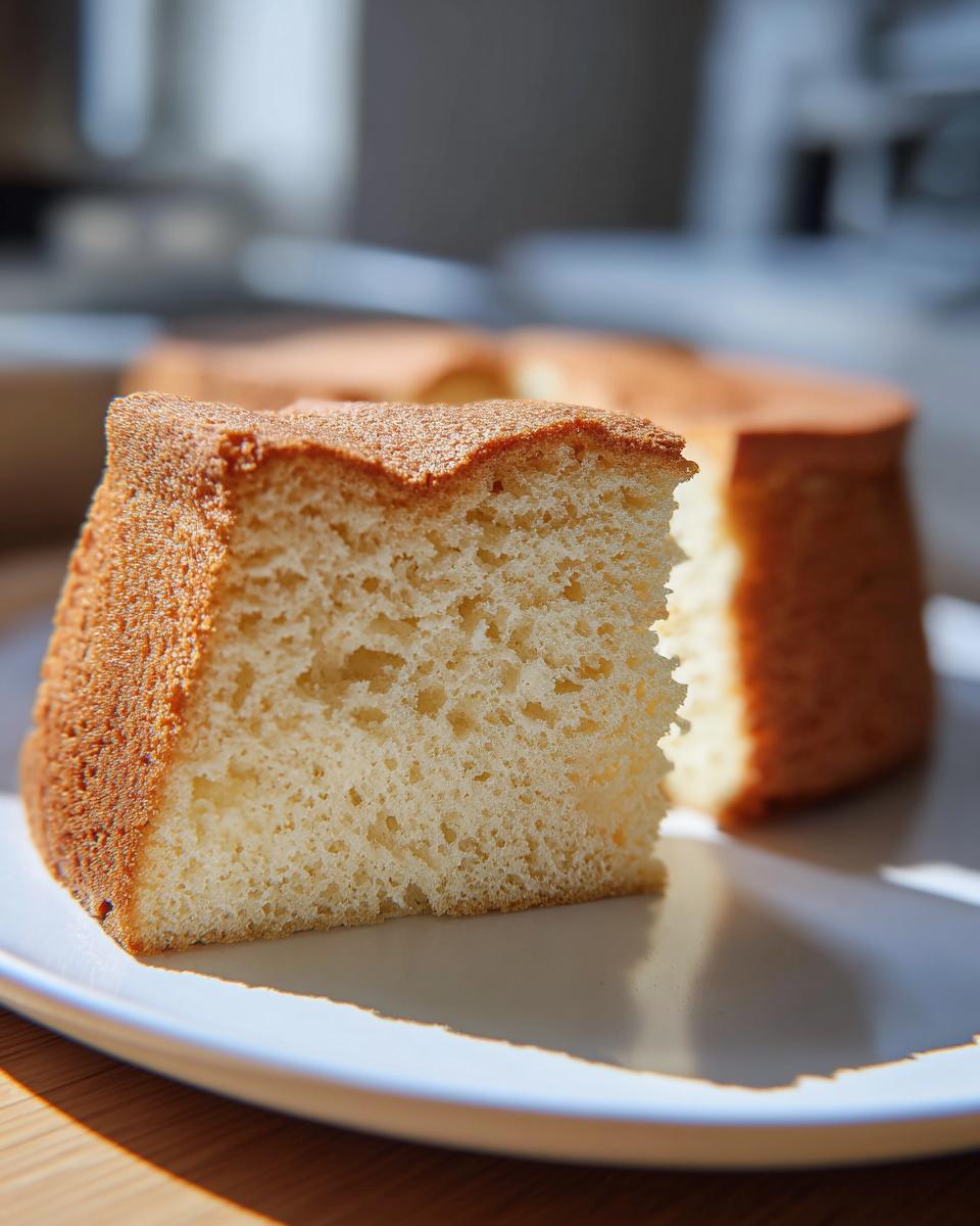 A slice of fluffy vanilla cake with a golden-brown crust, showcasing its airy texture. Part of our irresistible cake ideas.