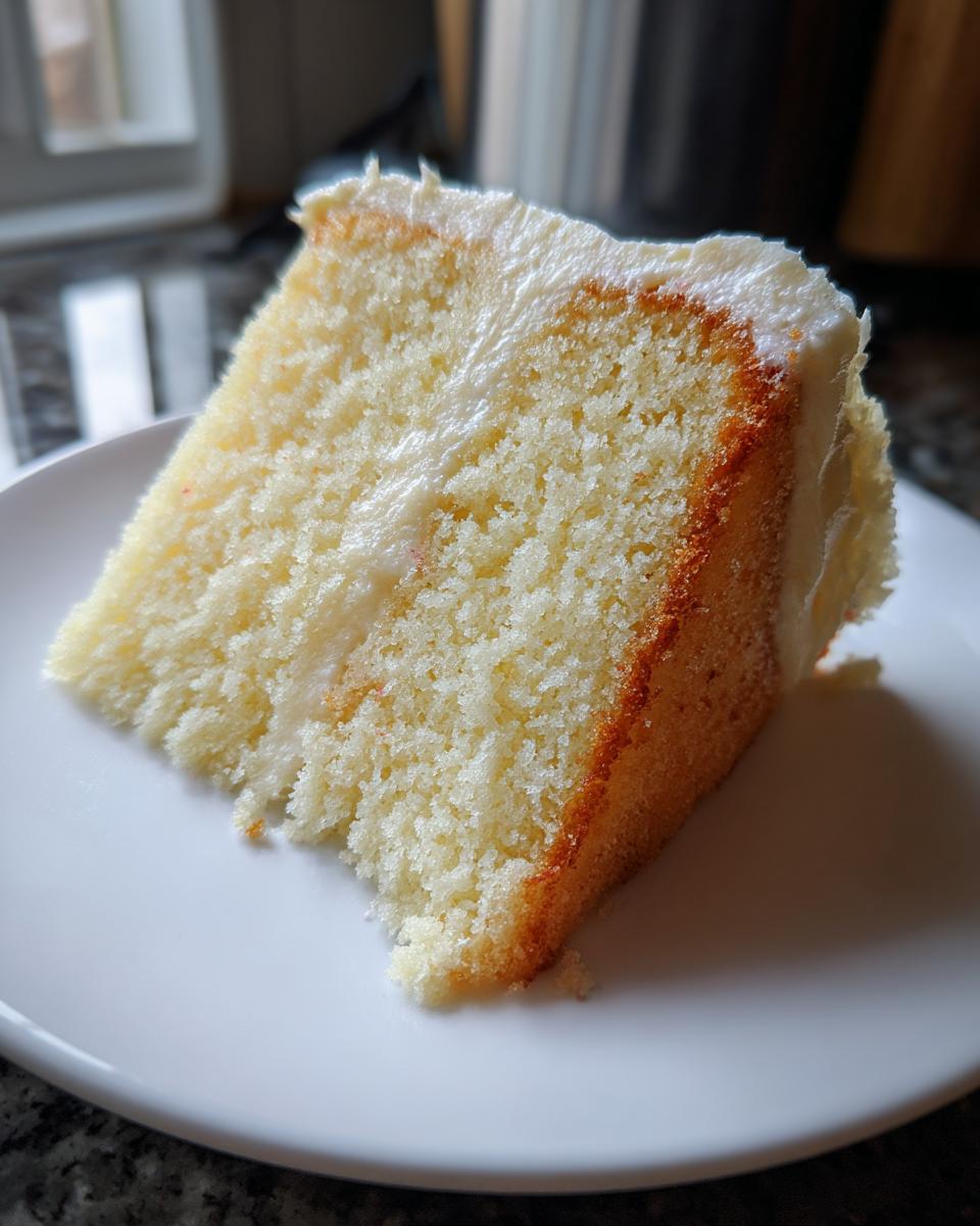 Close-up of a moist slice of vanilla cake with creamy frosting on a white plate.