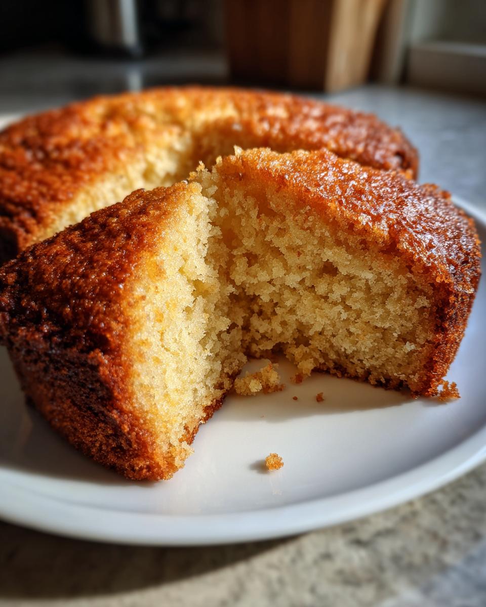 A close-up of a moist vanilla cake slice on a white plate, showcasing its tender crumb and golden-brown crust. A delicious cake idea.