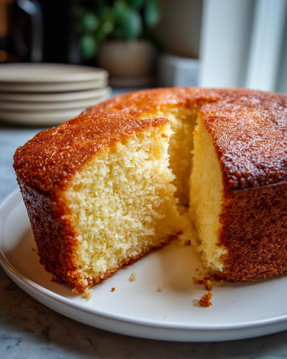 A slice of moist vanilla cake with a golden-brown crust, showcasing its tender crumb. Perfect for cake ideas.