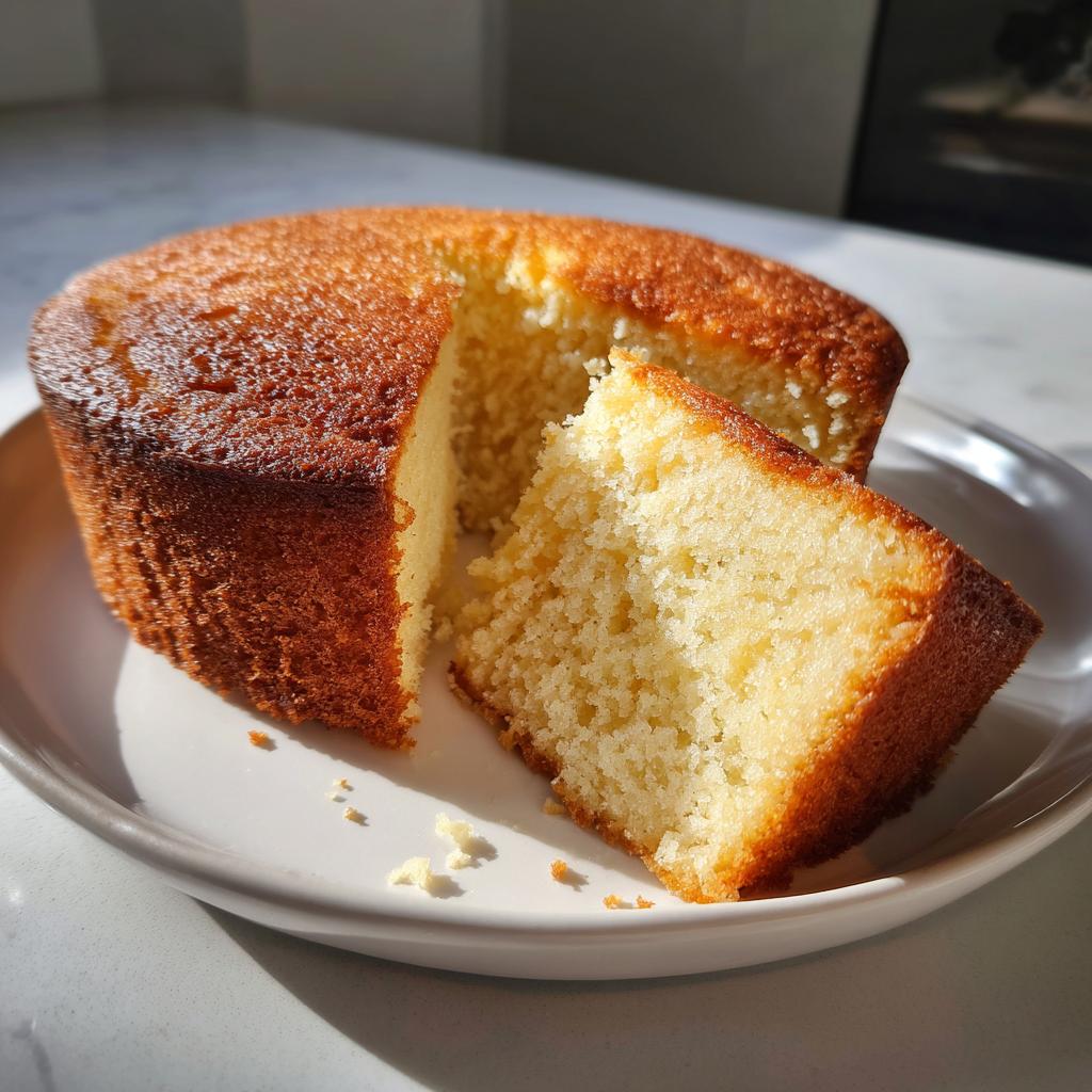 A slice of moist vanilla cake with a golden brown crust, showcasing its fluffy texture. One of the best cake ideas.