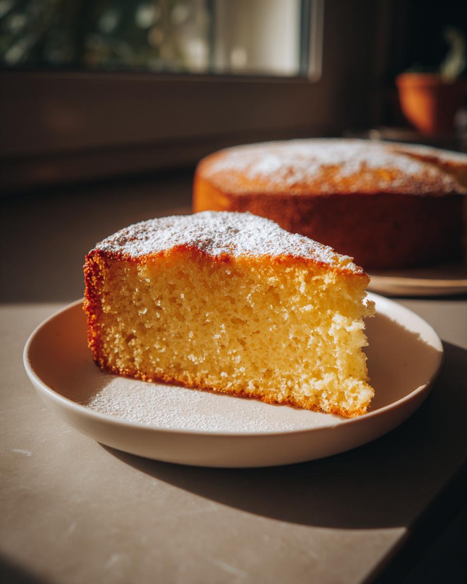A slice of fluffy vanilla cake dusted with powdered sugar, showcasing one of the best cake ideas.