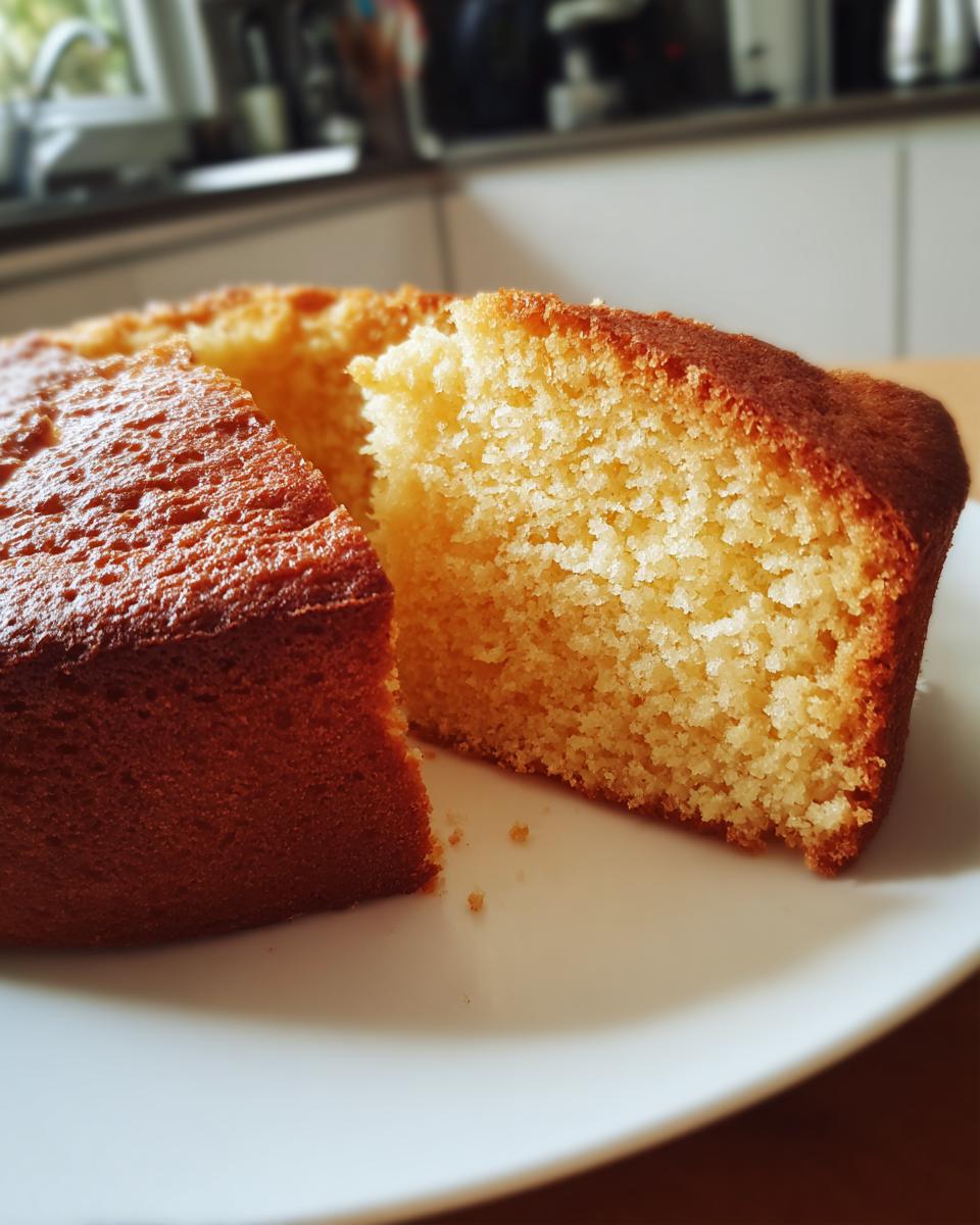 Close-up of a slice of moist vanilla cake from a 2-layer cake recipe, showing its fluffy texture.