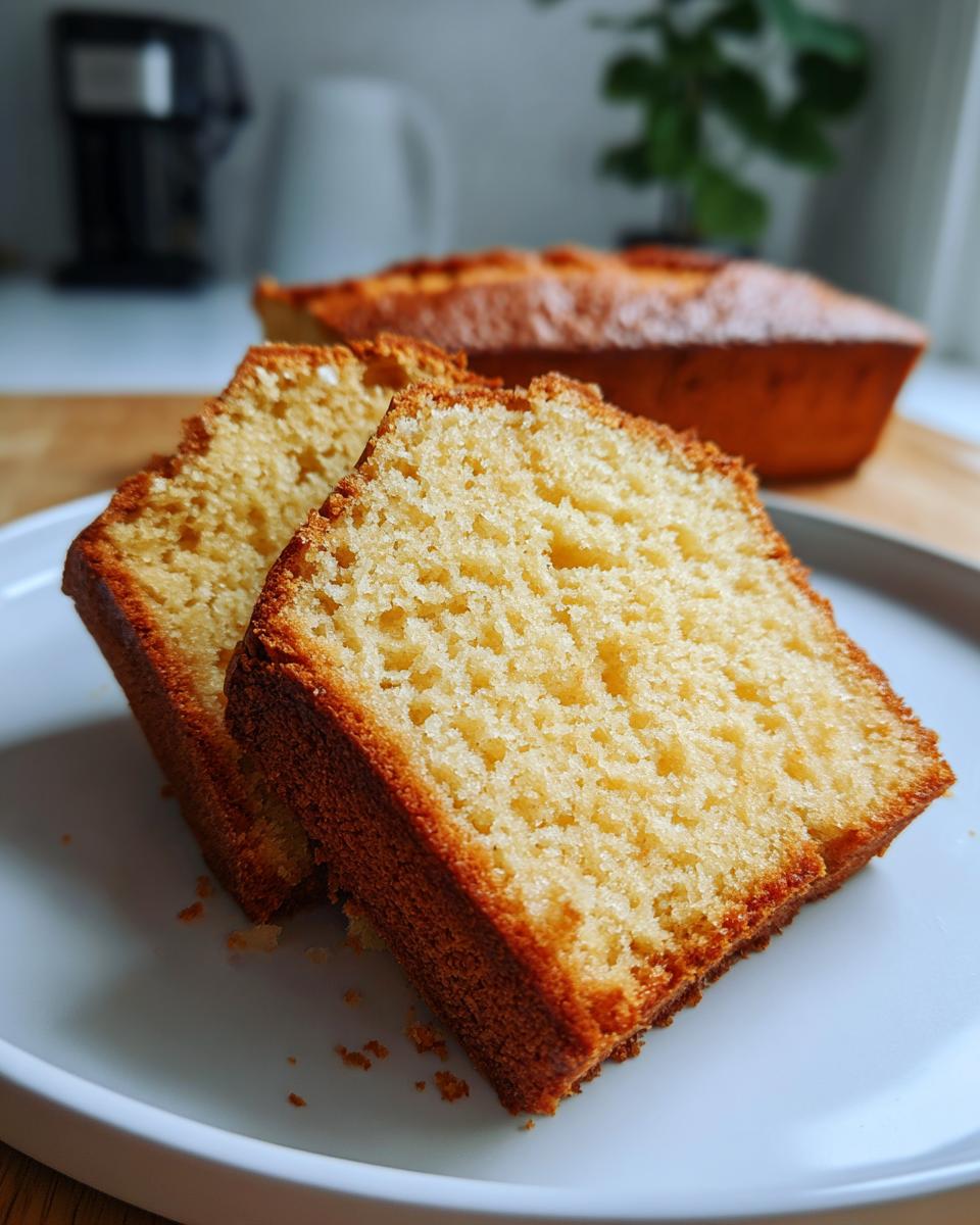 Two thick slices of moist vanilla cake on a white plate, showcasing the crumb and golden crust. Part of a whole cake is visible in the background.