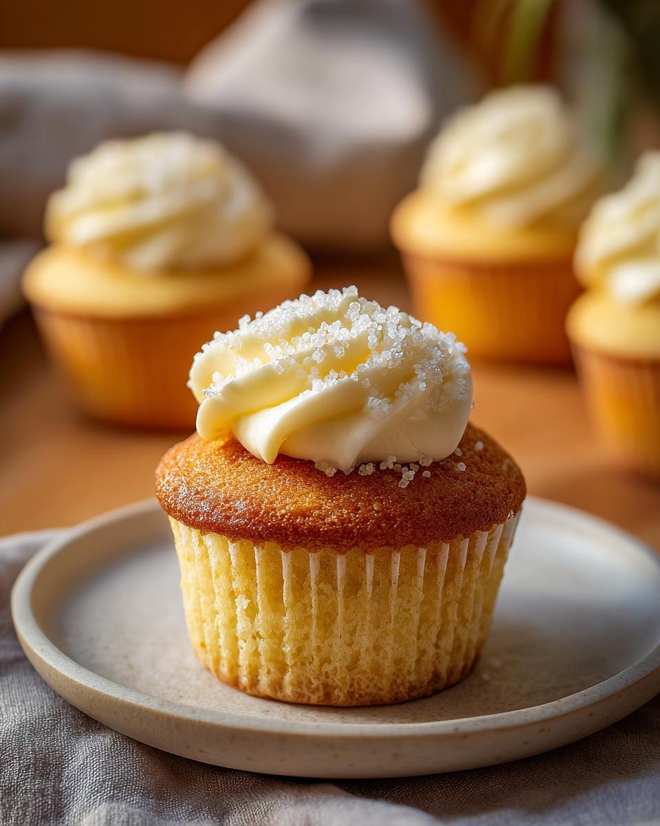 Vanilla cupcake topped with creamy buttercream frosting and sugar sprinkles on a plate