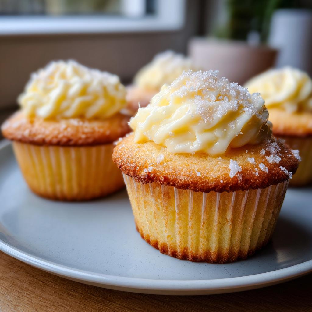 Close-up of vanilla cupcakes topped with creamy frosting and sugar sprinkles on a plate.