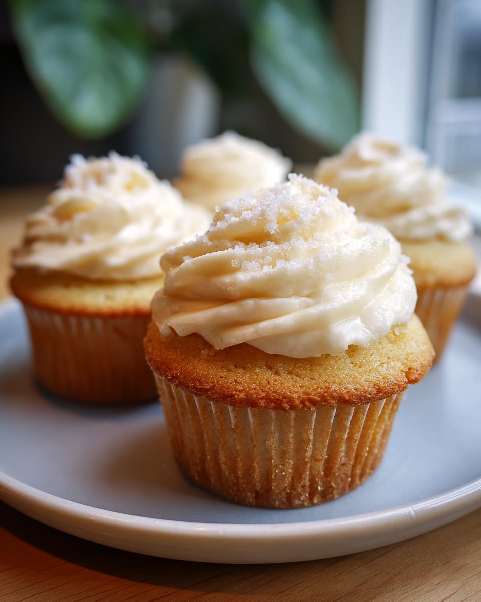 Close up of vanilla cupcakes topped with creamy swirled frosting and sugar sprinkles on a plate.