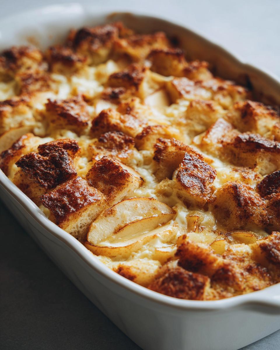 Close-up of apple cinnamon baked french toast casserole with golden bread cubes and apple slices.