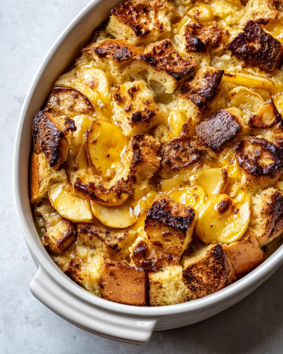 Close-up of apple cinnamon baked french toast casserole with toasted bread and apple slices.