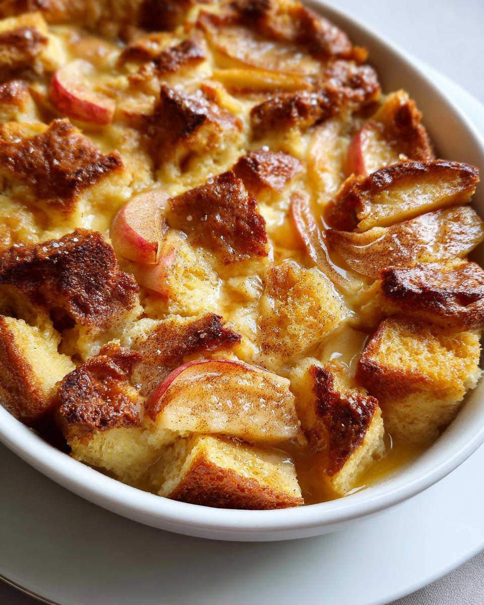 Close-up of apple cinnamon baked french toast casserole with golden crust and apple slices