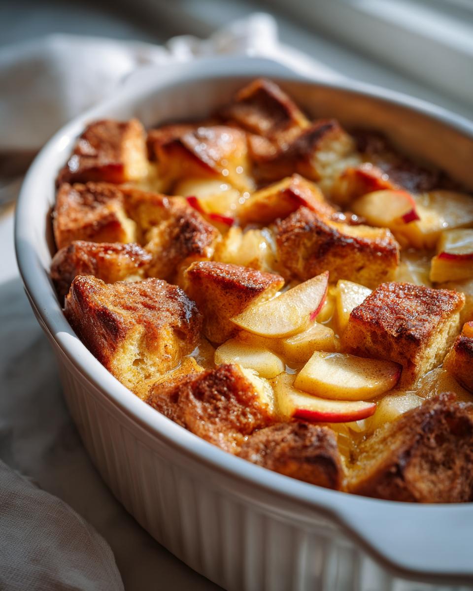 Close-up of apple cinnamon baked french toast casserole with golden bread cubes and apple slices.