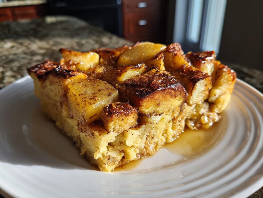 Close-up of apple cinnamon baked french toast casserole slice with apple chunks and cinnamon.