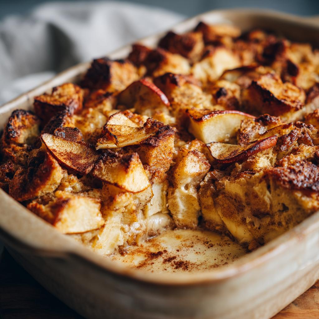 Close-up of apple cinnamon baked french toast casserole in a baking dish with golden brown crust