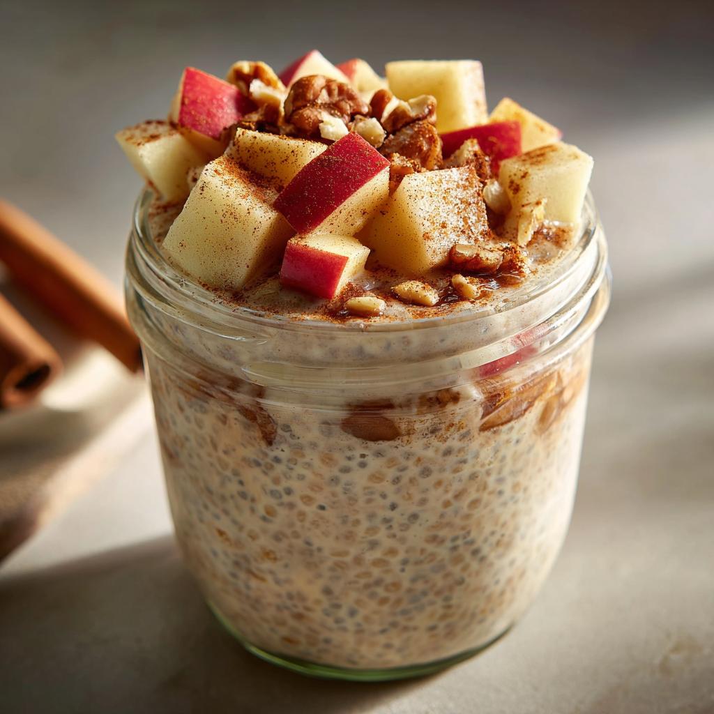 Jar of apple cinnamon overnight chia pudding topped with diced apples, walnuts, and cinnamon