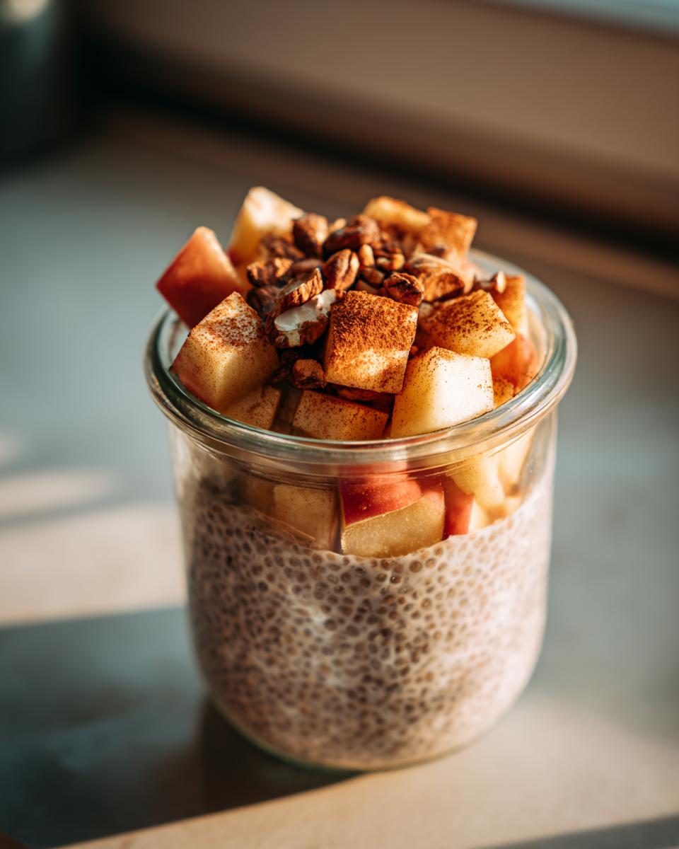 Glass jar filled with apple cinnamon overnight chia pudding topped with diced apples and nuts