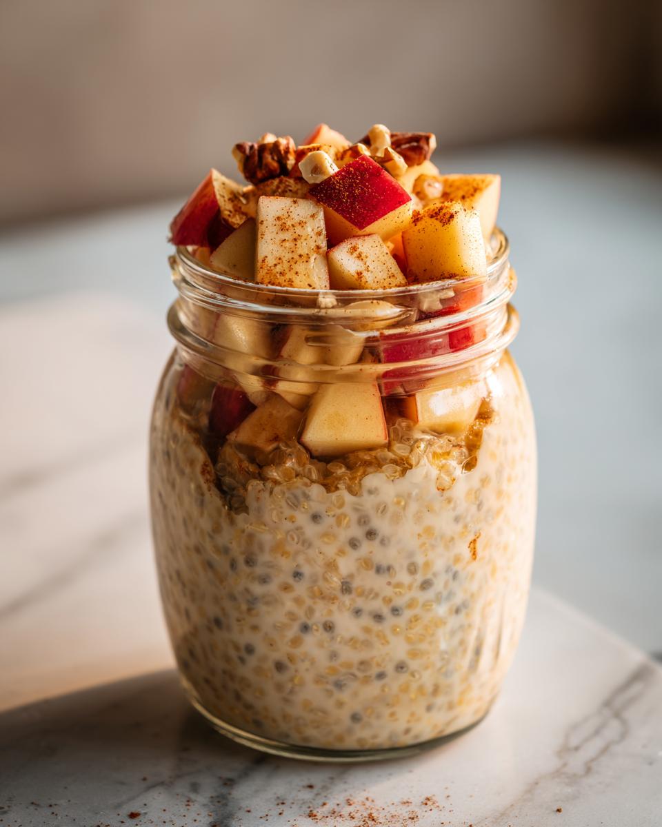 Glass jar filled with apple cinnamon overnight chia pudding topped with cinnamon and chopped apples