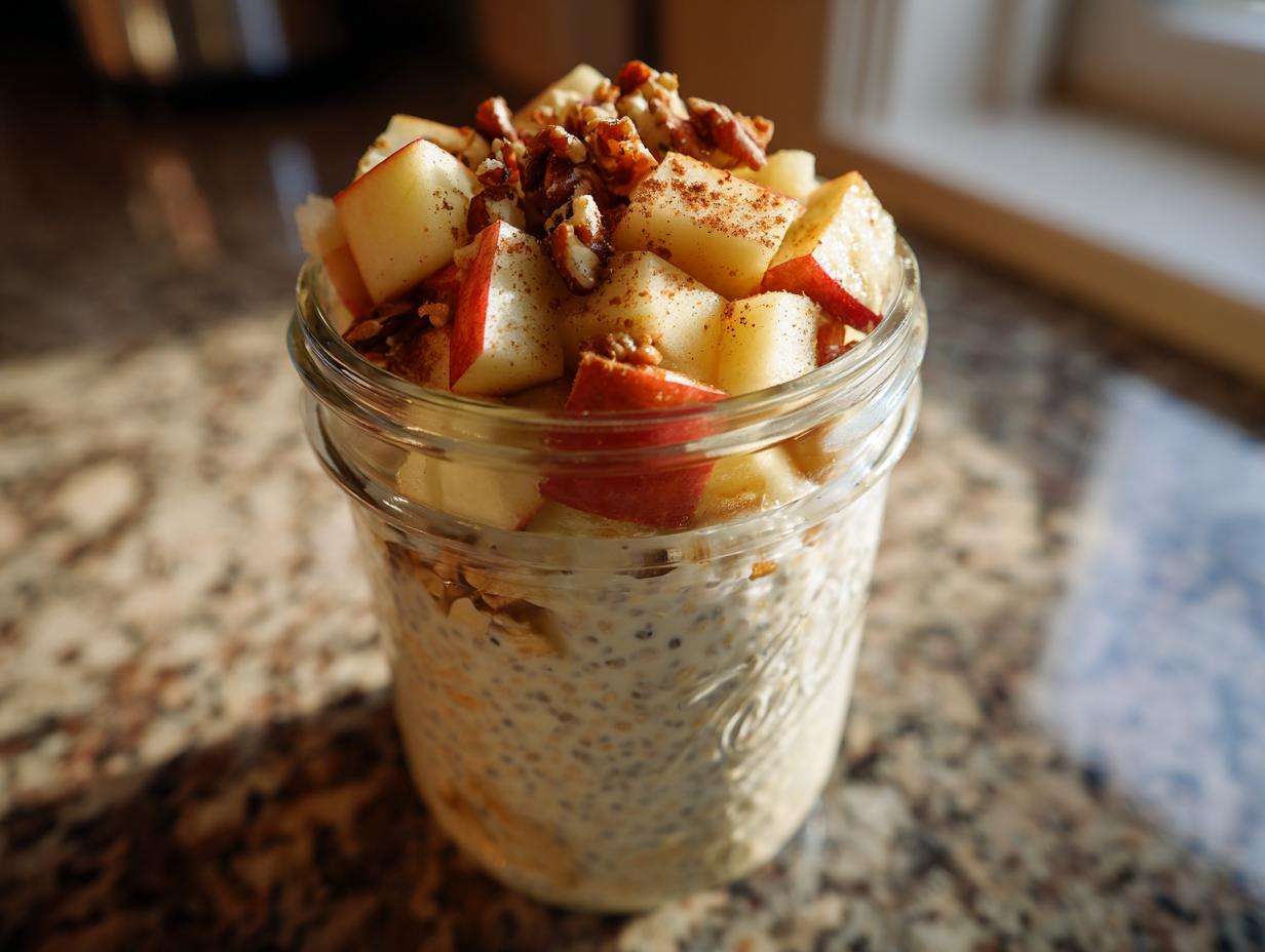 Jar filled with apple cinnamon overnight chia pudding topped with chopped apples and walnuts.