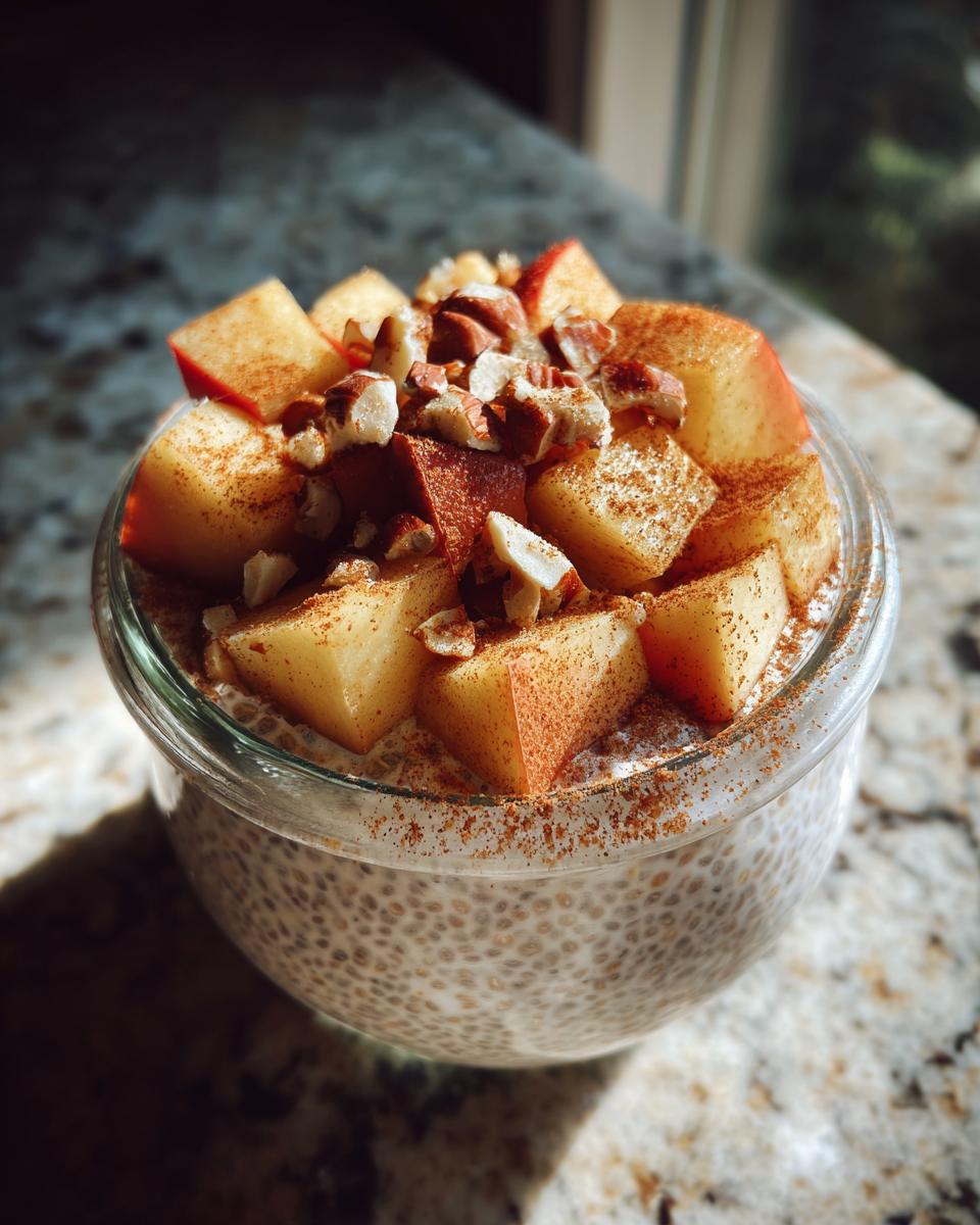 Glass bowl of apple cinnamon overnight chia pudding topped with apple chunks and nuts