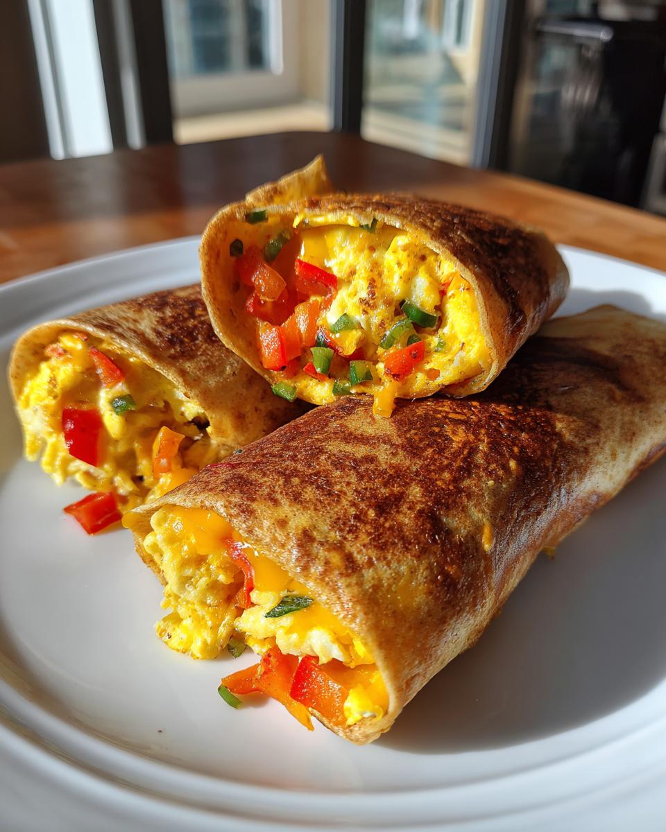 Close-up of baked breakfast taquitos with eggs, red peppers, cheddar cheese, and green herbs on a white plate.