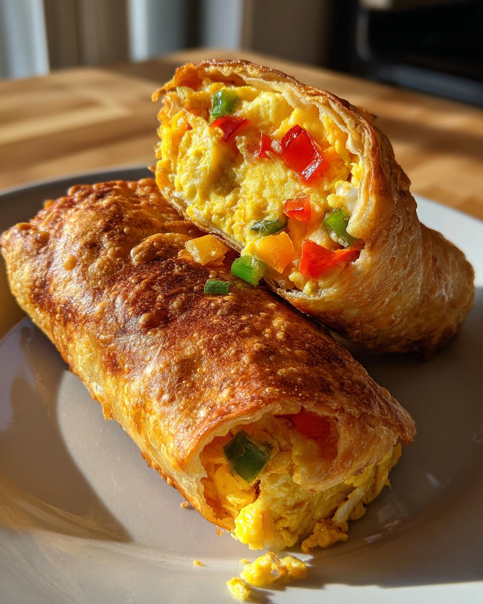Two baked breakfast taquitos with eggs and colorful bell peppers on a plate.