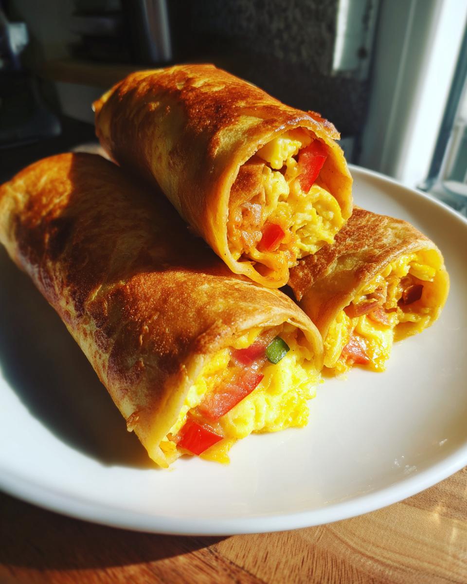 Close-up of three baked breakfast taquitos with eggs, peppers, and cheese on a white plate.