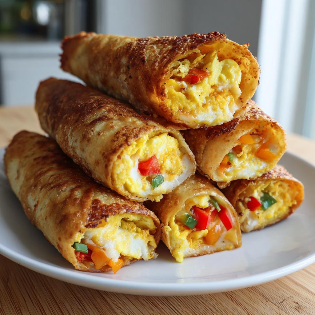 Close-up of stacked baked breakfast taquitos with eggs and colorful bell peppers on a white plate.
