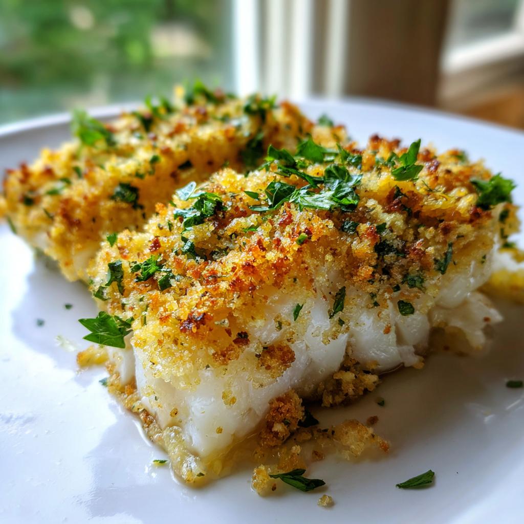 Close-up of baked cod with lemon herb crumb topping garnished with fresh parsley on a white plate.