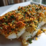 Close-up of baked cod with lemon herb crumb topping on a white plate.