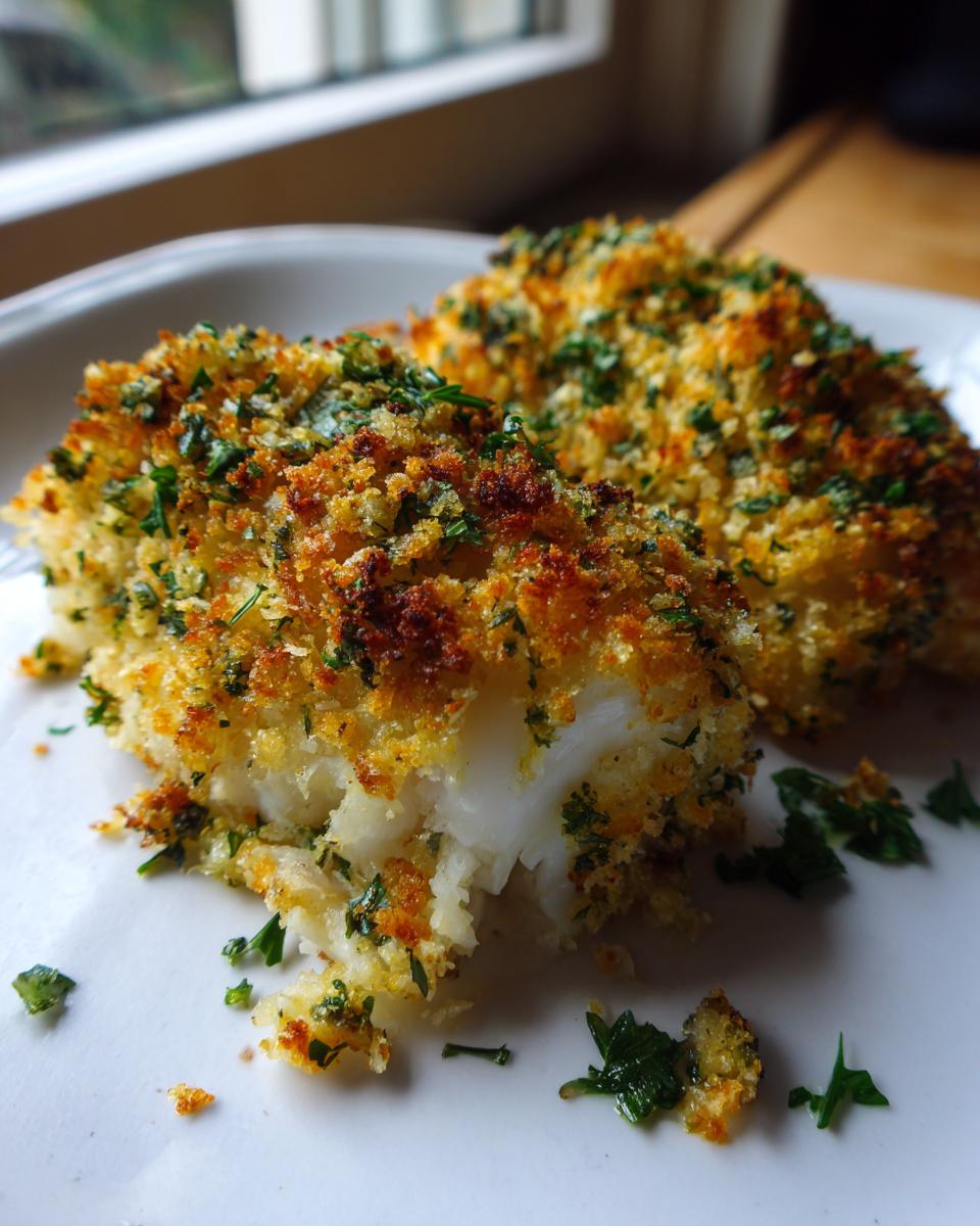Close-up of baked cod with lemon herb crumb topping on a white plate garnished with fresh herbs.