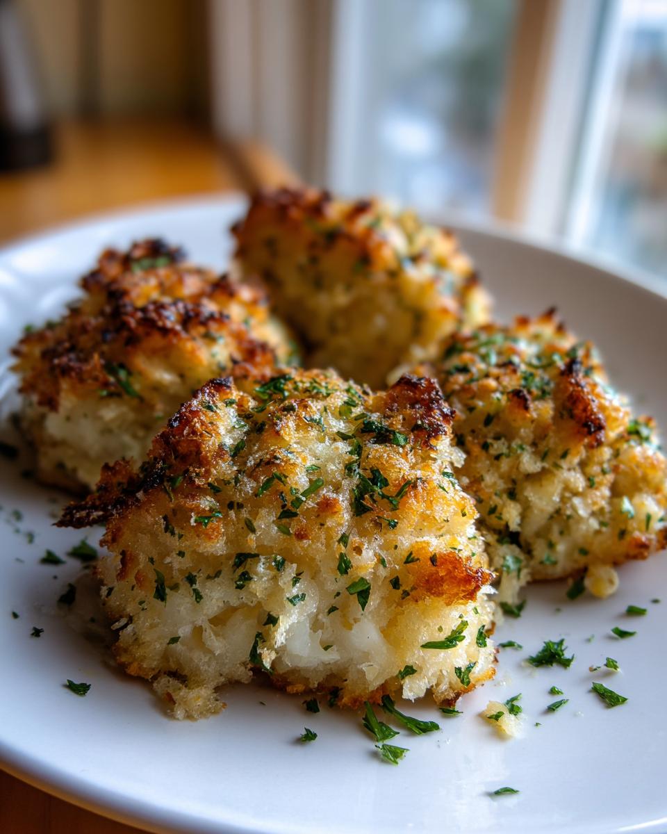 Close-up of baked cod with lemon herb crumb topping garnished with fresh parsley on a white plate.
