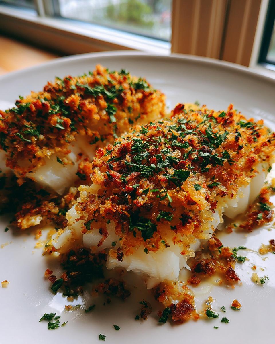 Two pieces of baked cod with lemon herb crumb topping garnished with fresh parsley on a white plate.