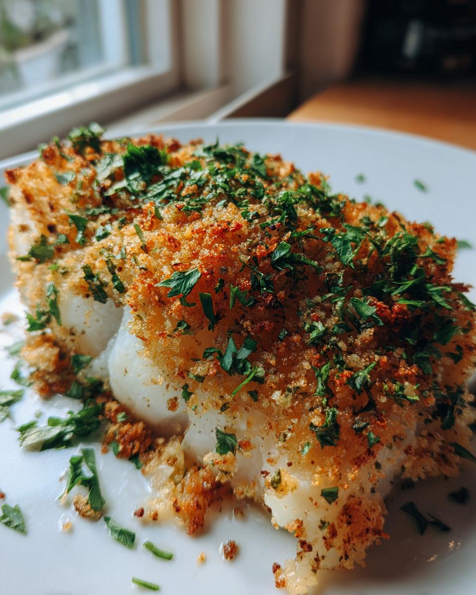 Close-up of baked cod with lemon herb crumb topping sprinkled with fresh herbs on a white plate