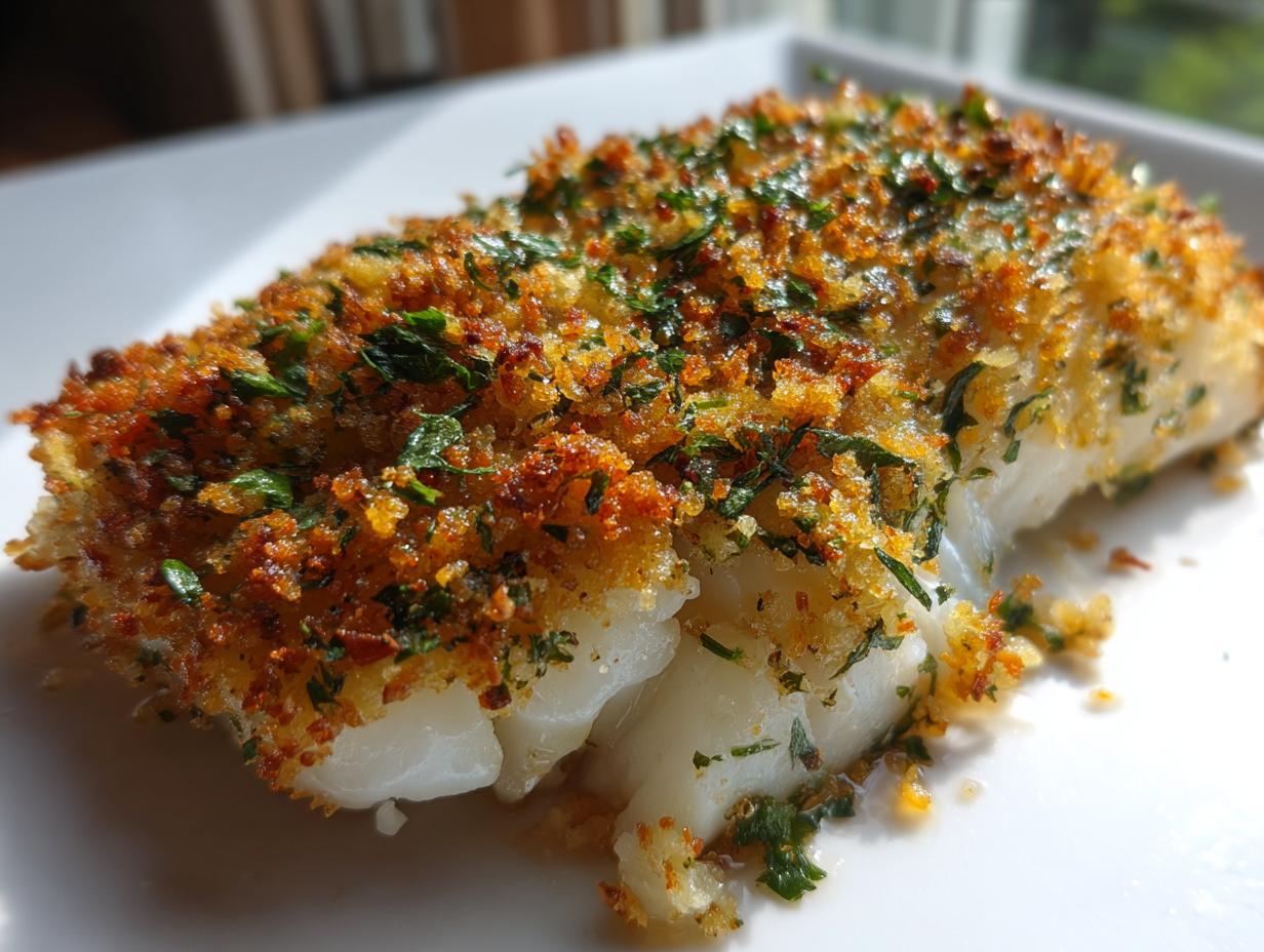 Close-up of baked cod with lemon herb crumb topping on a white plate.