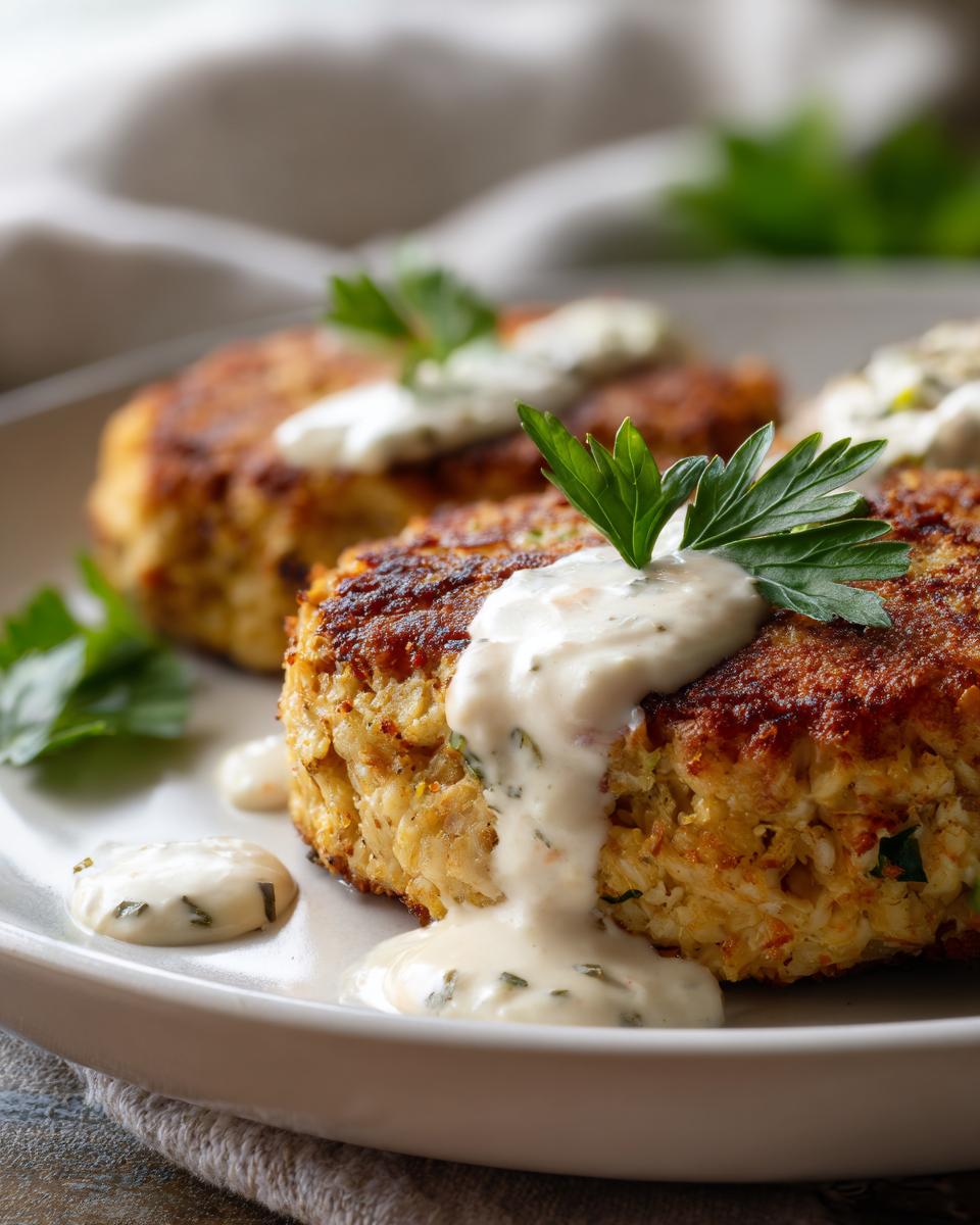 Close-up of baked crab cake dinner with remoulade sauce and parsley garnish on a white plate.
