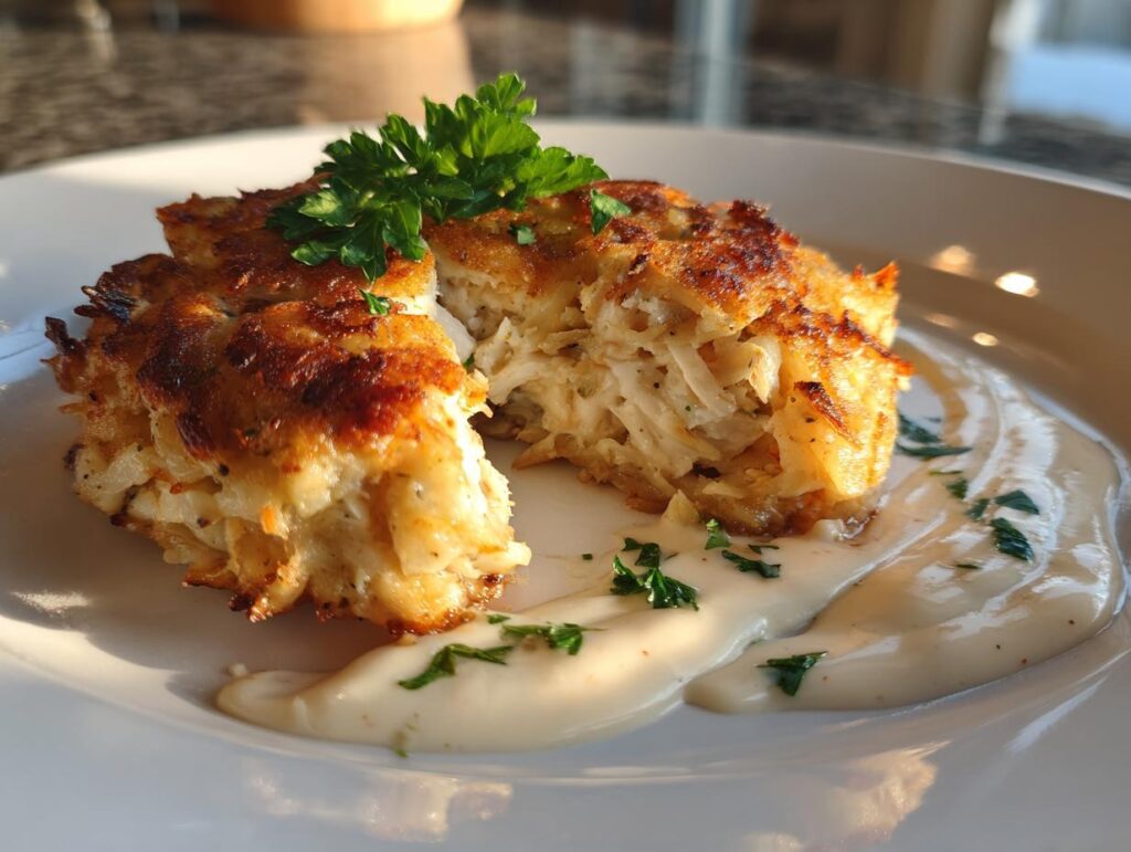 Close-up of a baked crab cake dinner with creamy remoulade sauce garnished with parsley